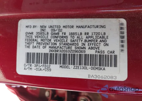 2003 Toyota Corolla Ce/Le/S z USA, uszkodzony, nr VIN 1NXBR32E63Z096069